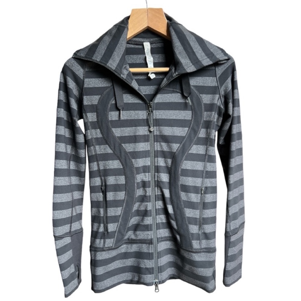Lululemon Stride Jacket Black Grey Macro Stripe Full Zip Activewear Jacket, Sz 6
